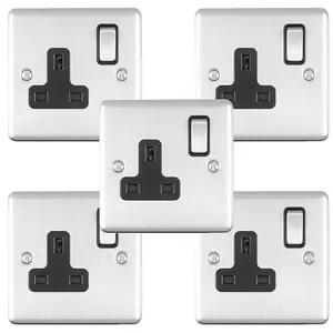 5 PACK 1 Gang Single UK Plug Socket SATIN STEEL 13A Switched Black Trim Plate