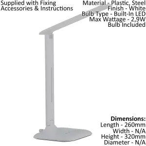 Table Desk Lamp Colour White Steel Touch On/Off DIm Bulb LED 2.9W Included