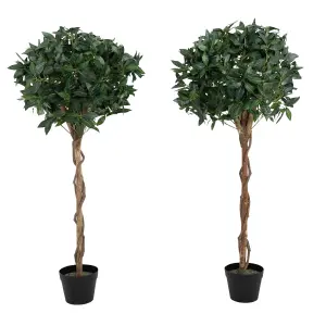 2x Artificial Bay Topiary Tree - Premium 4ft Tree, Braided Wood Stem, Pack of 2, UV Stable Outdoor Use - Blooming Artificial