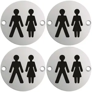 4 PACK - Bathroom Door Unisex Symbol Sign 64mm Fixing Centres 76mm Dia Satin Steel