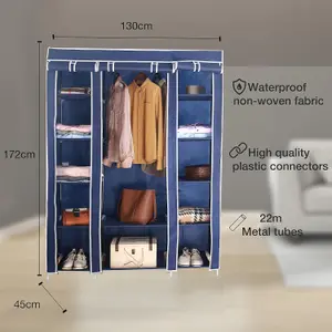 Fabric Canvas Wardrobe Organizers Clothes Rail Shelves Storage Closet Triple - Blue