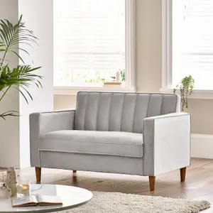 Furniturebox UK Velvet Sofa - 'Kit' 2 Seater Upholstered Beige Fabric Sofa - Vertical Stitching - Modern Living Room Furniture