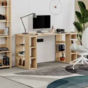 Decortie Colmar Modern Desk with Integrated 6-Shelf Bookshelf Storage Oak Width 140cm