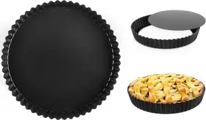 Quiche Dish - 2 Pack 22cm Round Carbon Steel Quiche Tins with Non-Stick Coating & Loose Base - Fluted Tart & Pie Baking Tins