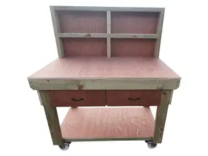 Wooden Eucalyptus hardwood top workbench, tool cabinet with drawers (V.1) (H-90cm, D-70cm, L-180cm) with back and wheels