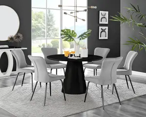 Furniturebox UK Palma Black Semi-Gloss Round Pedestal Dining Table & 6 Light Grey Velvet Nora Black Leg Chairs