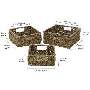 JVL Seagrass Square Storage Baskets with Inset Handles, Set of 3