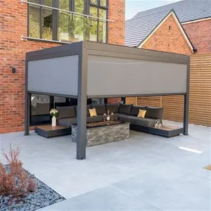 Pergostet 3m X 4m Aluminium Garden Pergola - Grey | Waterproof Louvered Roof | Rectangle Pergola | 3 Side Blinds & LED Lights | Contemporary Design