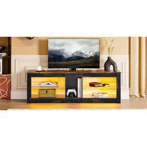 Nabria 55" length  TV Stand Cabinet with Glass Shelf & RGB LED Lighted for up to 65" TVs, Gaming Entertainment Center Brown/Black