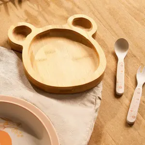 Wooden Bear Plate Kids Food Serving Board Natural Bamboo Kitchen Home Platter