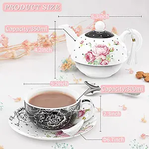 London Boutique Tea for One Teapot Teacup Saucer Set Afternoon Tea Set for 1 New Bone China (Black)