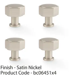 4 PACK - Industrial Hex Cabinet Door Knob - 33mm Satin Nickel Cupboard Pull Handle