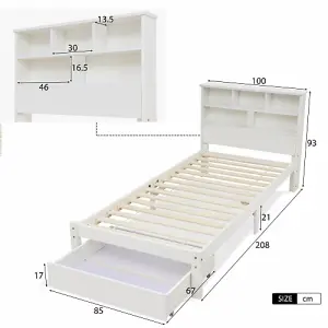 Bed with Shelves, White Wooden Storage Bed, Underbed Drawer - 3FT Single (90 x 190 cm)