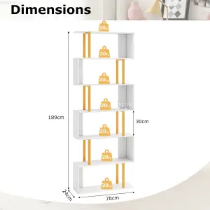 COSTWAY 6-Tier Geometric Bookcase 189 cm S-Shaped Bookshelf with Metal Frame