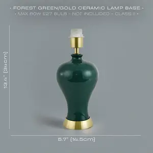 Traditional Ceramic Table Lamp Base in Glossy Forest Green with Satin Brass Trim