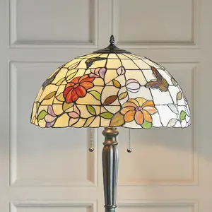 1.6m Tiffany Twin Floor Lamp Dark Bronze & Butterfly Stained Glass Shade i00007