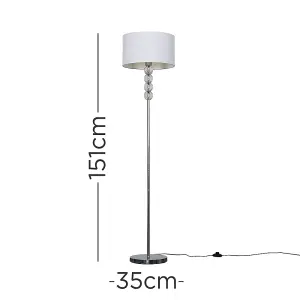 ValueLights Eleanor Chrome & Clear Acrylic Balls Floor Lamp with White Drum Shade - with 6w LED ES E27 Frosted GLS Bulb