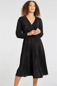 Bonmarche Black Plain Plisse Wrap Dress, Size: 10