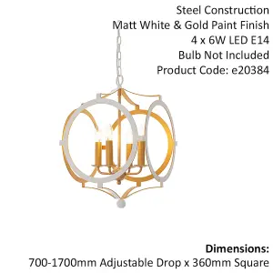 Matt White & Gold Ceiling Pendant Light - 4 Bulb Hanging Circular Frame Fitting