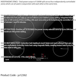Premium 77cm 7200W 4 Zone Electric Induction Hob with Touch Control in Sleek Black Glass