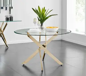 Furniturebox UK Novara 120cm Gold Round Dining Table and 6 Cream Velvet Milan Gold Leg Chairs