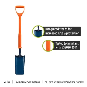 Pegdev - PDL - Carters Shocksafe Insulated Cable Laying Shovel, Spade 28" - 1 Way Design for Digging Narrow Trenches, BS8020:2002.