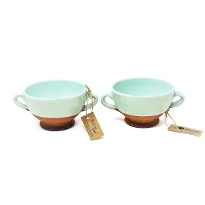 Rustic Pastel Half Dipped Terracotta Kitchen Dining Set of 2 Soup Bowls Pale Green (Diam) 14.5cm