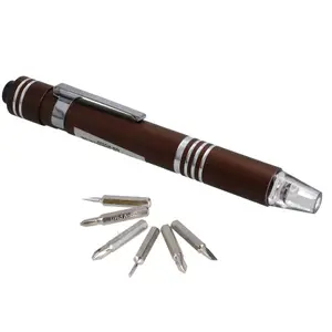 6 in 1 LED Precision Screwdriver Magnetic Pocket Pen Slotted Phillips Brown