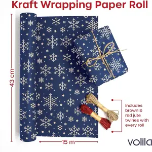 15m Eco-Friendly Kraft Christmas Wrapping Paper Roll with Blue Snowflake Design - Recyclable Brown Gift Wrap, 43cm Wide