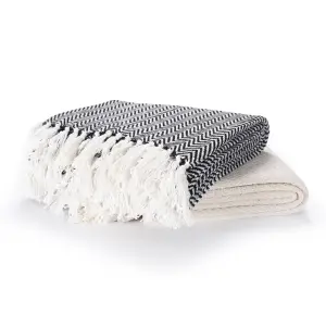 EHC PAIR Pack Chevron Cotton Throws for Sofa, Chair Blanket 127 x 152cm  ( Pack of 2 ) - Ivory / Black