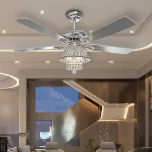 Chrome 5 Wood Blade Ceiling Fan Light Chandelier with Remote Control 52 Inch