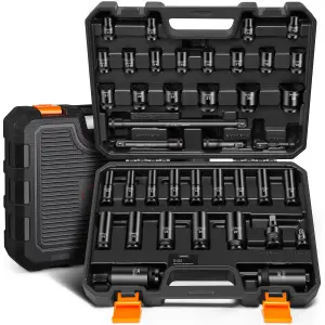 VonHaus Impact Socket Set 1/2 Inch Drive, 40pcs - contains Extension Bar, Drill Adapter, Universal Joint Socket, 1/2 - 3/8 Adapter