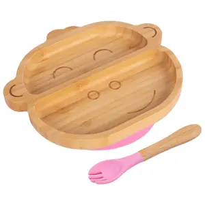 Bamboo Monkey Baby Weaning Plate & Fork Set - Pink