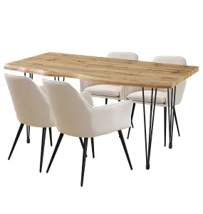 Hallowood Furniture Cullompton Large Dining Table 160cm, Live Edge Effect Table Top, with 4 Beige Fabric Arm Chairs