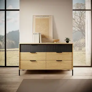 Elegant Oak Baltic & Black Chest of Drawers H810mm W1370mm D400mm - Modern Design with Metal Accents