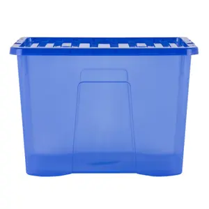 Wham Crystal 4x 80L Plastic Storage Boxes with Lids. Large Size, Strong. Made in the UK Tint Spectrum Blue