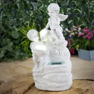 Solar Cherub Ornament Light Fountain Garden Decoration Stone Effect Statue