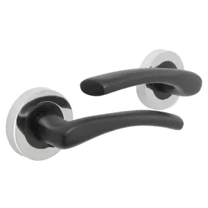 Zena Door Handle Modern Design Matt Black Lever on Chrome Rose Internal + Latch & Hinges