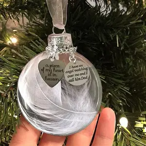 Clear Christmas Memorial Ornament Feather Ball, A Piece Of My Heart Is In Heaven, Christmas Tree Memorial Hanging Pendant Gift For Mom, Dad, Son,