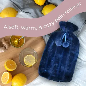 3.5L Extra Large Hot Water Bottle with Washable Blue Faux Fur Cover - Pain Relief, Hand Warmer, Hot & Cold Compress