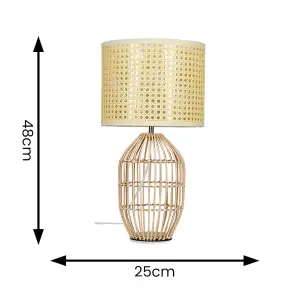 ValueLights Hollins Natural Rattan Cylinder Table Lamp with Cream Woven Rattan Wicker Shade