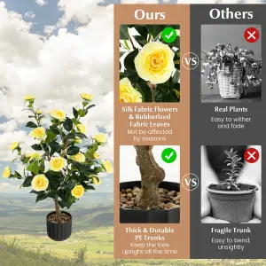 Costway Artificial Camellia Tree Faux Flower Plant Artificial Tree in Cement Pot Greenery Potted Plant Free Maintenance