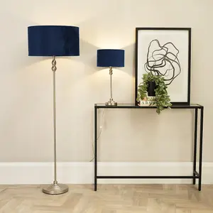 ValueLights Maggie Brushed Chrome Silver Candlestick Floor Lamp with Navy Blue Velvet Lamp Shade