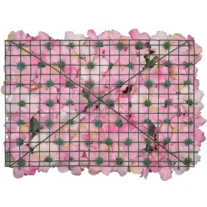 Artificial Flower Wall Backdrop Panel, 60cm x 40cm, Rose Pink with Leaves