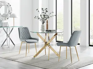 Furniturebox UK Novara 100cm Round Gold Leg Dining Table & 2 Grey Pesaro Gold Leg Chairs