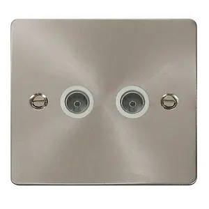 Flat Plate Satin / Brushed Chrome 2 Gang Twin Coaxial TV Socket - White Trim - SE Home