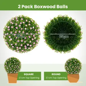 COSTWAY 2 PCS Artificial Plant Topiary Balls 37cm Faux Decorative Balls w/ Pink Flowers