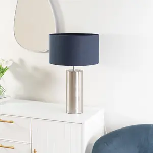 ValueLights Lexy Brushed Chrome Touch Table Lamp with Navy Blue Drum Shade