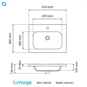 5414 Ceramic 60cm x 45cm Mid-Edge Inset Basin with Oval Bowl