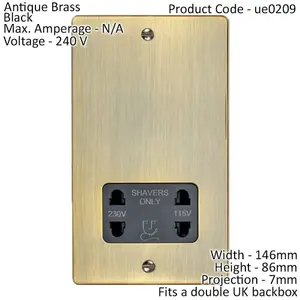 230v & 115v Shaver Twin Socket Wall Plate ANTIQUE BRASS & Black Trim 86 x 146mm